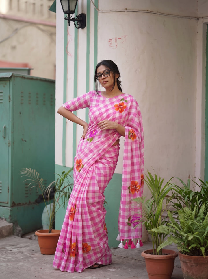 Blush Pink & White Checkered Mul Cotton Saree with Floral Motifs, Tassels & Blouse Piece