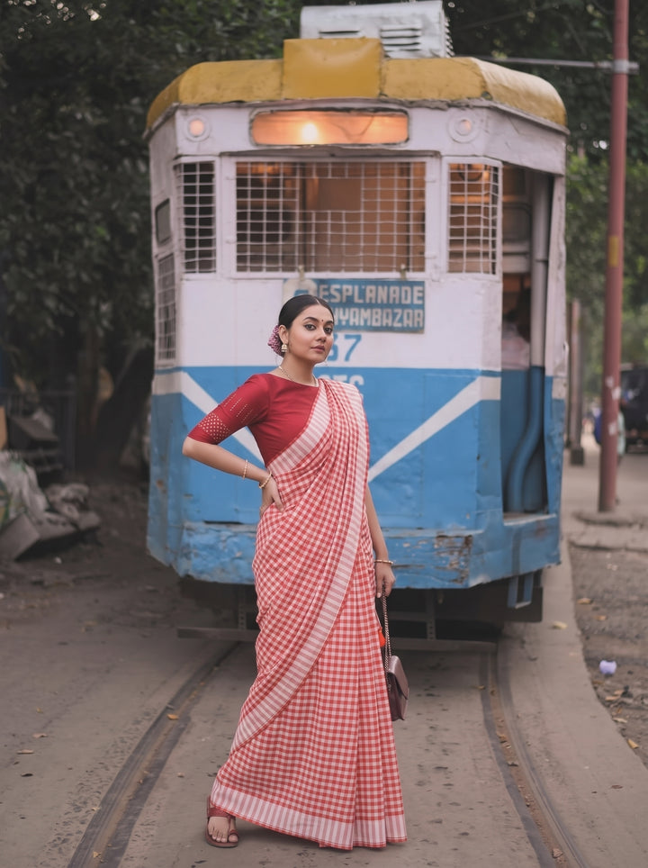 Orange & White Checkered Mul Cotton Saree with Striped Border & Blouse Piece