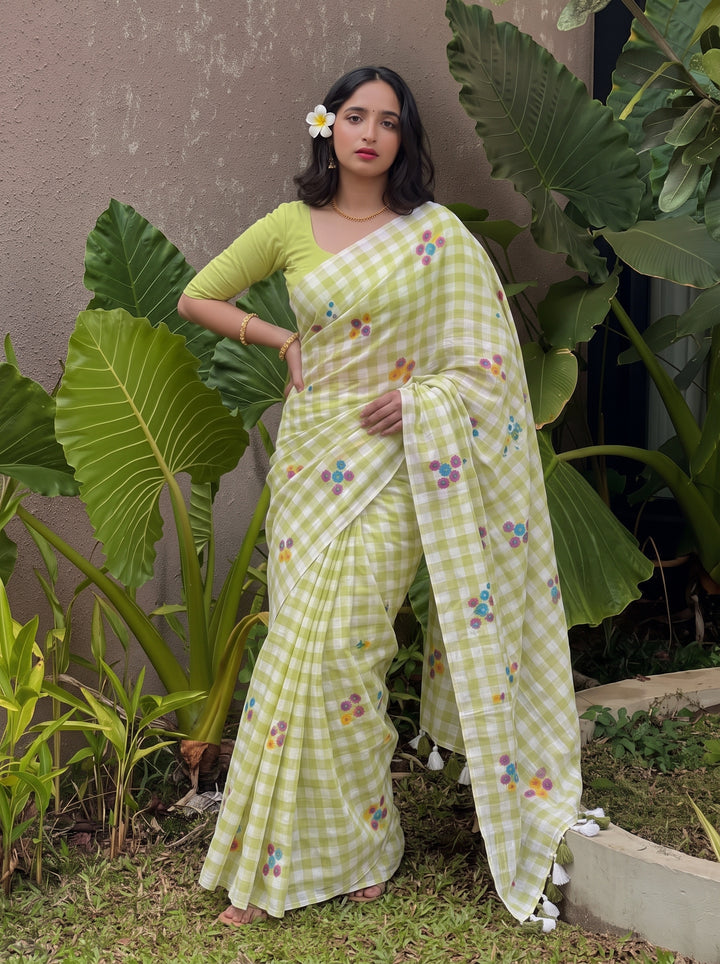 Pista Green & White Checkered Mul Cotton Saree with Multicolour Floral Motifs, Tassels & Blouse Piece