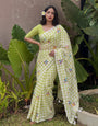Pista Green & White Checkered Mul Cotton Saree with Multicolour Floral Motifs, Tassels & Blouse Piece