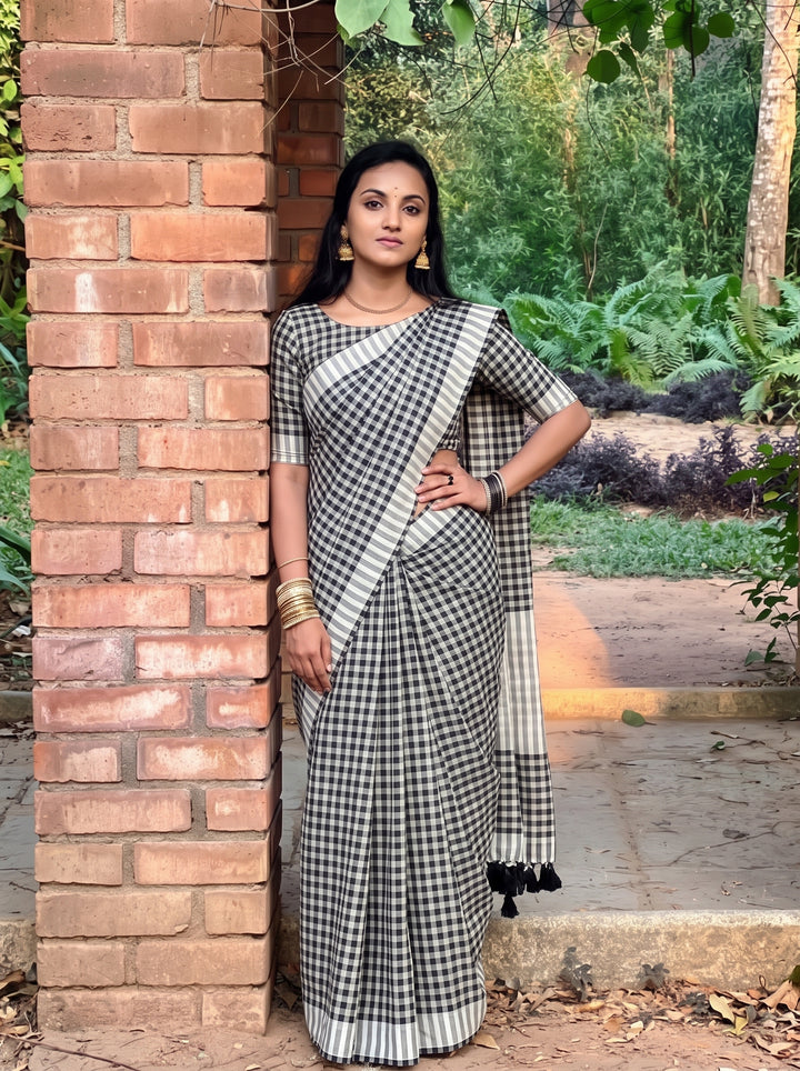 Black & White Checkered Mul Cotton Saree with Tassels & Blouse Piece