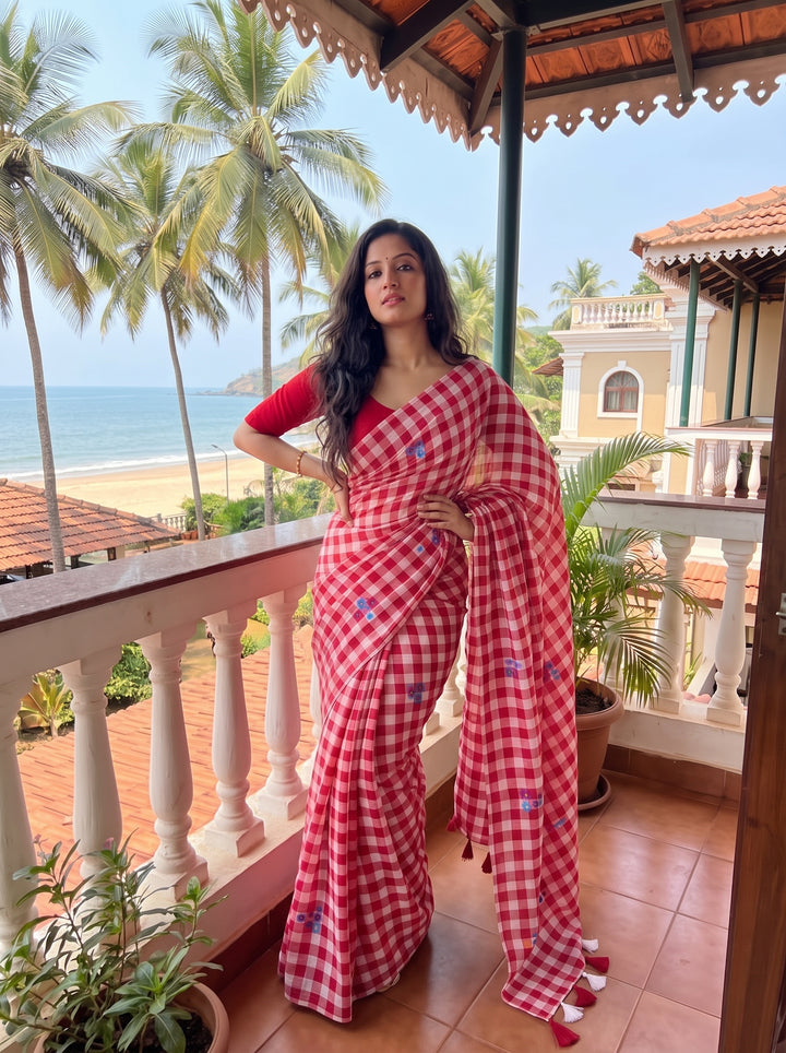 Red & White Checkered Mul Cotton Saree with Multicolour Floral Motifs, Tassels & Blouse Piece