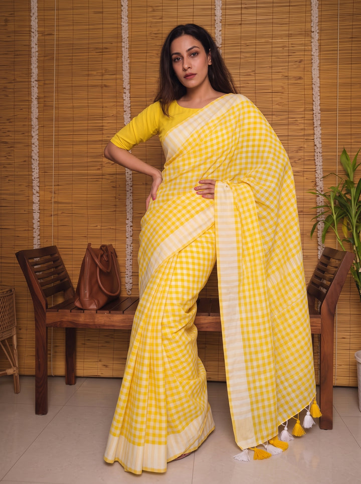 Sunshine Yellow & White Checkered Mul Cotton Saree with Tassels & Blouse Piece