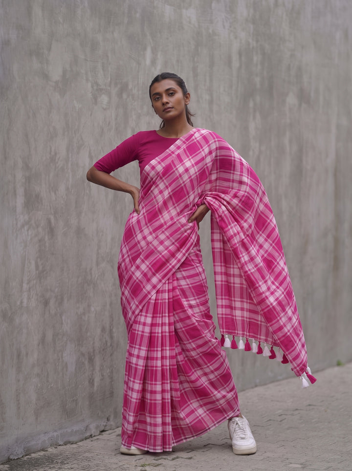 Rani Pink & White Madras Checkered Mul Cotton Saree with Tassels & Blouse Piece