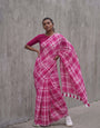 Rani Pink & White Madras Checkered Mul Cotton Saree with Tassels & Blouse Piece
