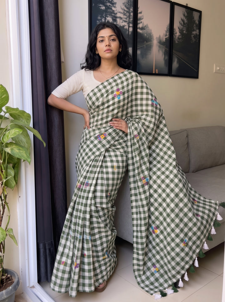 Olive Green & White Checkered Mul Cotton Saree with Multicolour Floral Motifs, Tassels & Blouse Piece