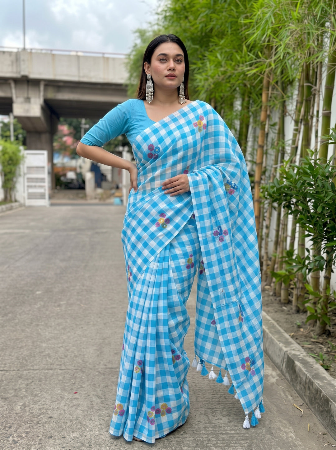 Sky Blue & White Checkered Mul Cotton Saree with Multicolour Floral Motifs, Tassels & Blouse Piece