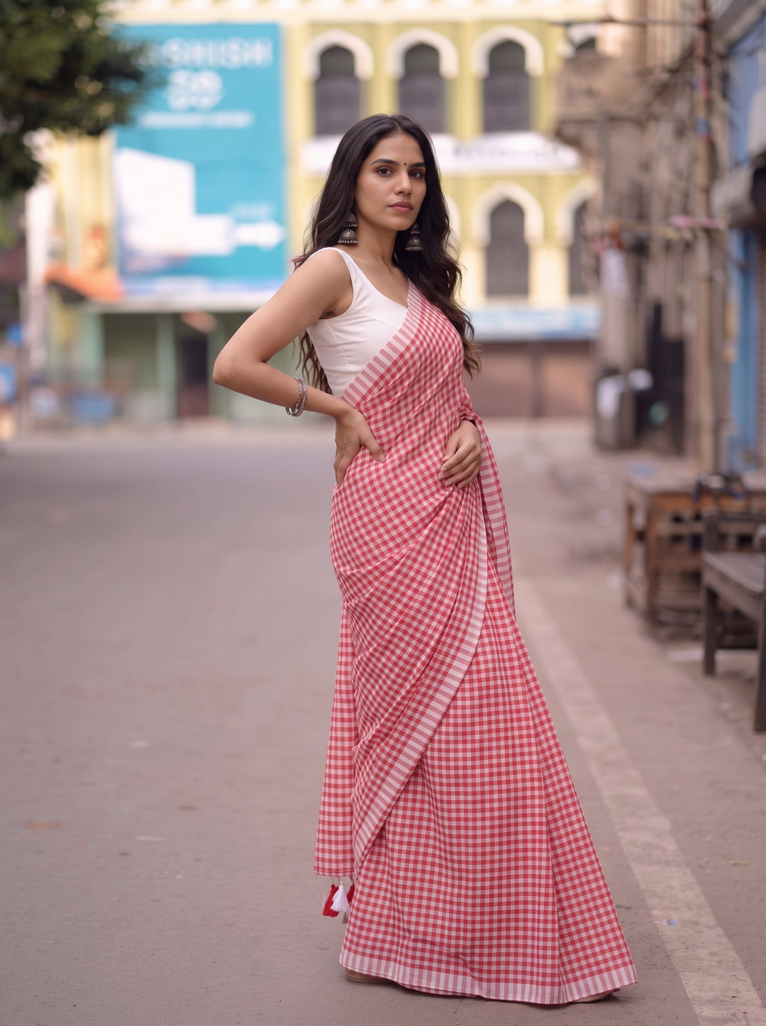 Red & White Checkered Mul Cotton Saree with Tassels & Blouse Piece