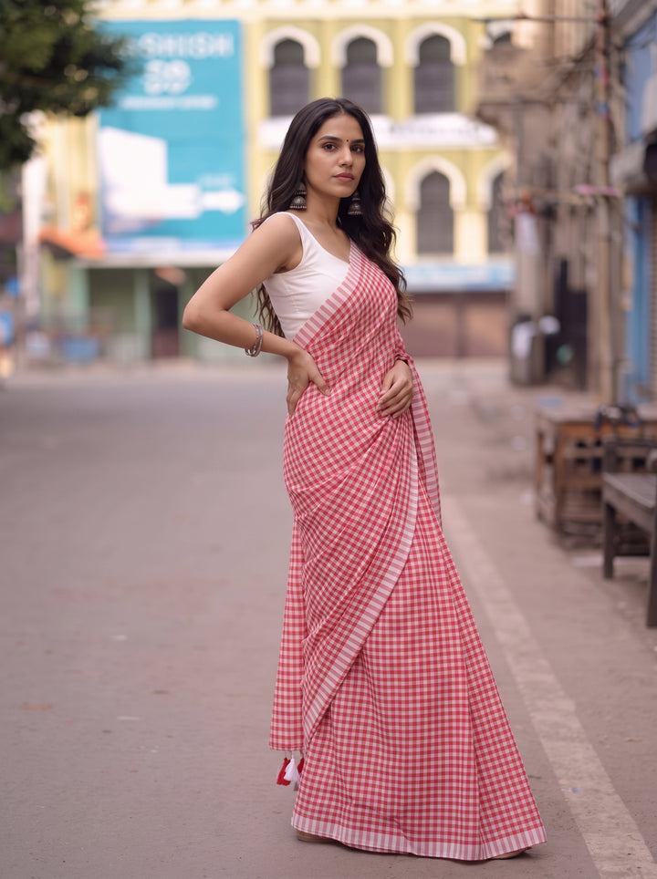 Red & White Checkered Mul Cotton Saree with Tassels & Blouse Piece