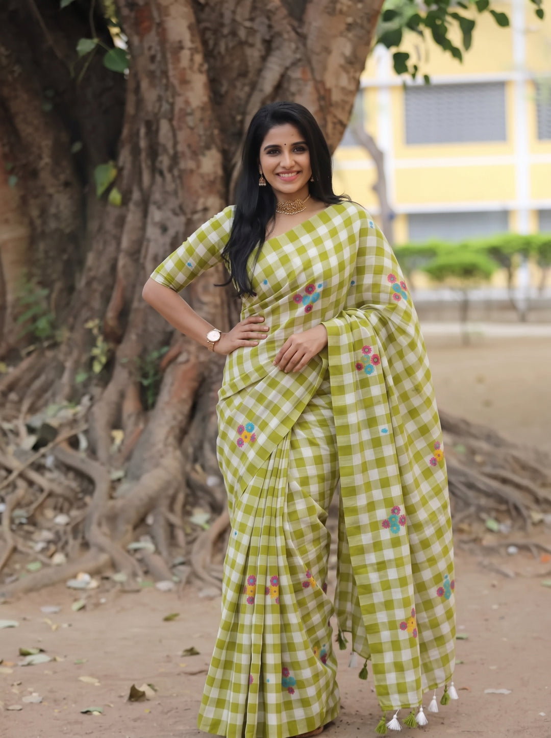 Lime Green & White Checkered Mul Cotton Saree with Multicolour Floral Motifs, Tassels & Blouse Piece