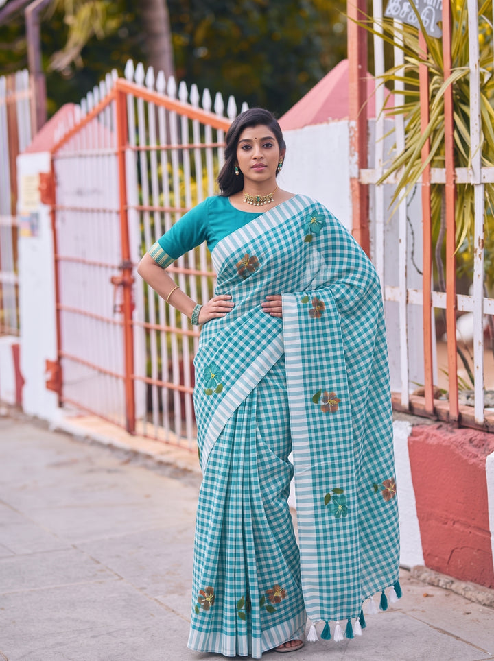 Aqua Blue & White Checkered Mul Cotton Saree with Floral Motifs, Tassels & Blouse Piece