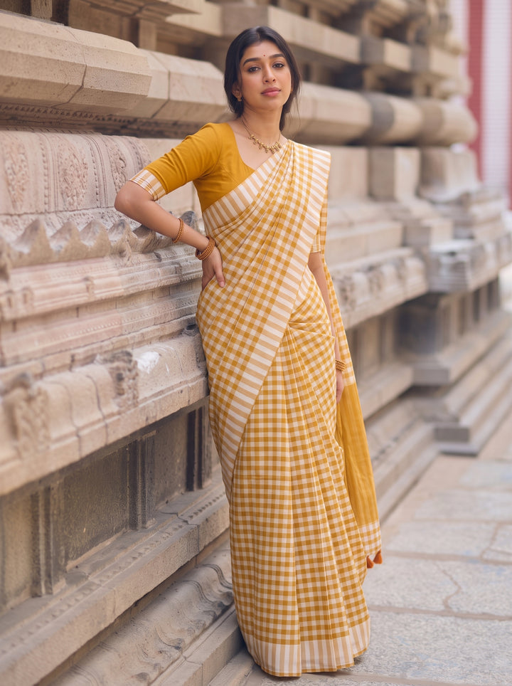 Mustard Yellow & White Checkered Mul Cotton Saree with Striped Border, Tassels & Blouse Piece