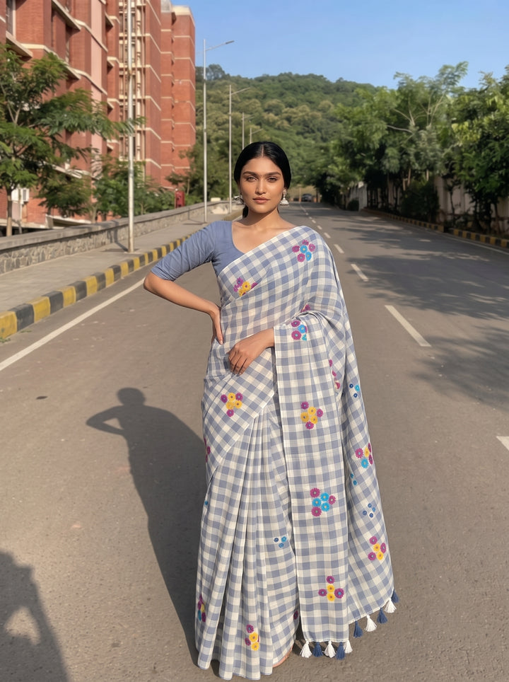 Grey & White Checkered Mul Cotton Saree with Multicolour Floral Motifs, Tassels & Blouse Piece