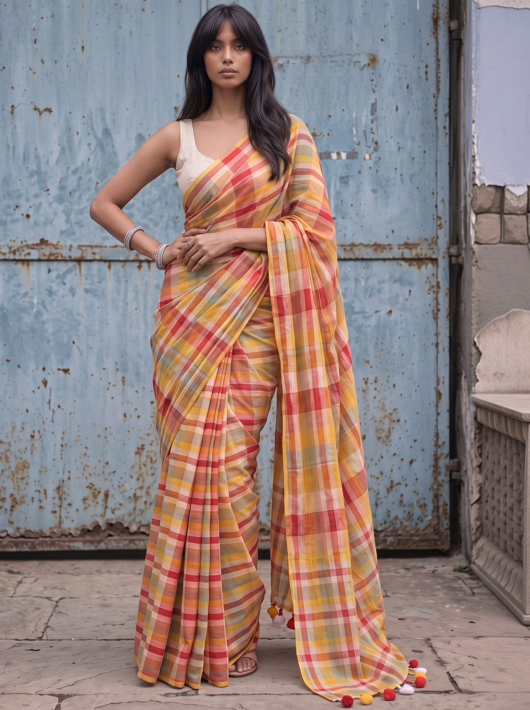 Multicolour Checkered Mul Cotton Saree with Colourful Tasselled Pallu, Comes With Attached Blouse Piece