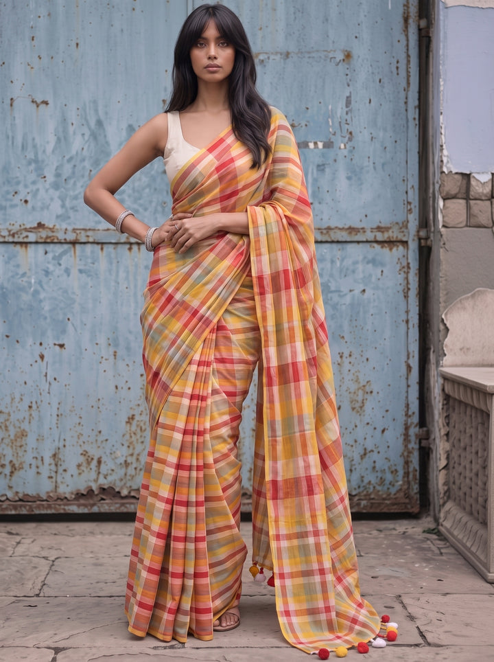 Multicolour Checkered Mul Cotton Saree with Colourful Tasselled Pallu, Comes With Attached Blouse Piece
