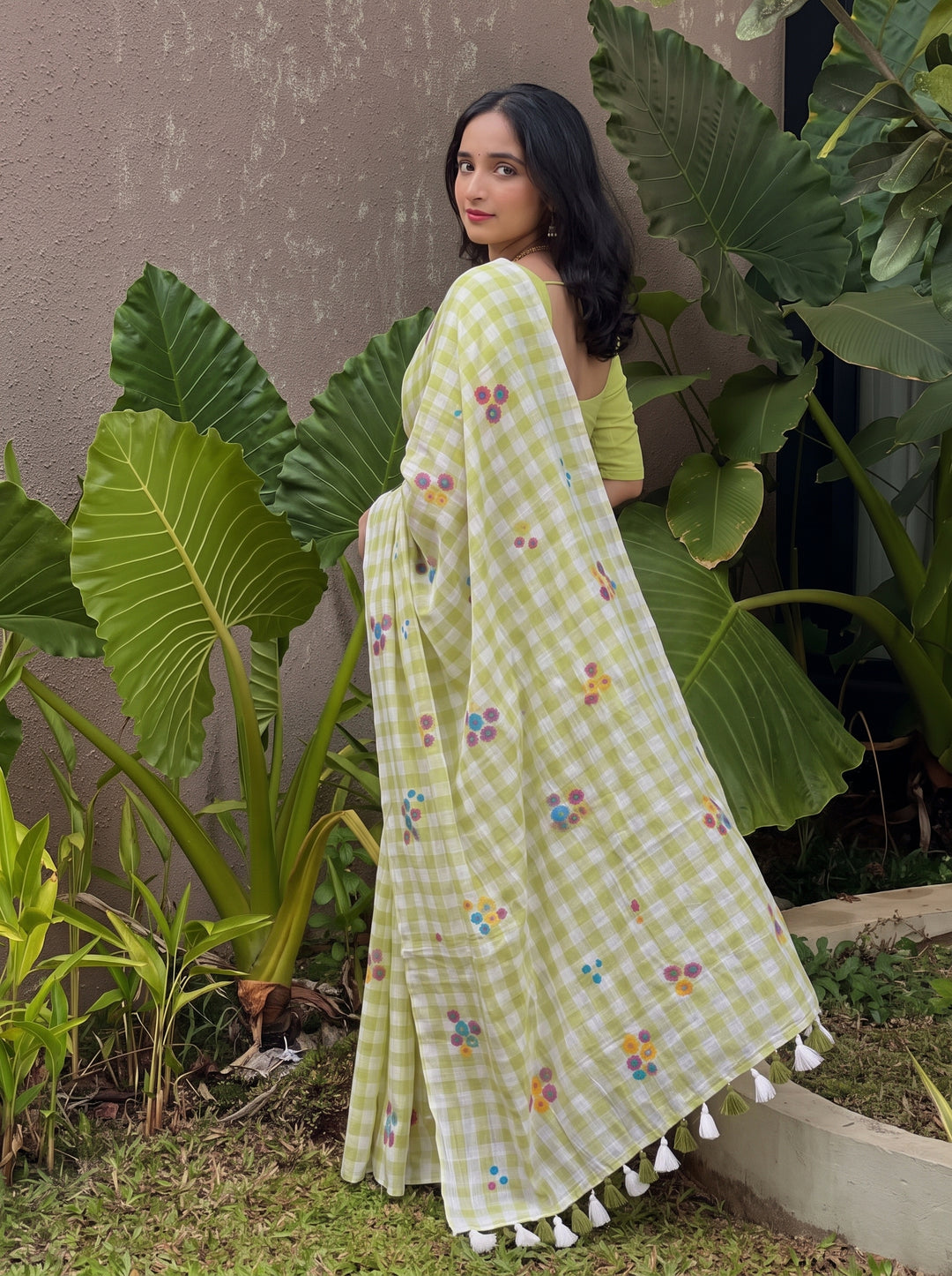 Pista Green & White Checkered Mul Cotton Saree with Multicolour Floral Motifs, Tassels & Blouse Piece
