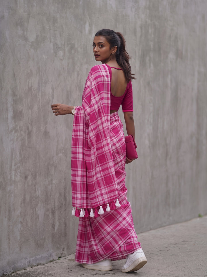 Rani Pink & White Madras Checkered Mul Cotton Saree with Tassels & Blouse Piece