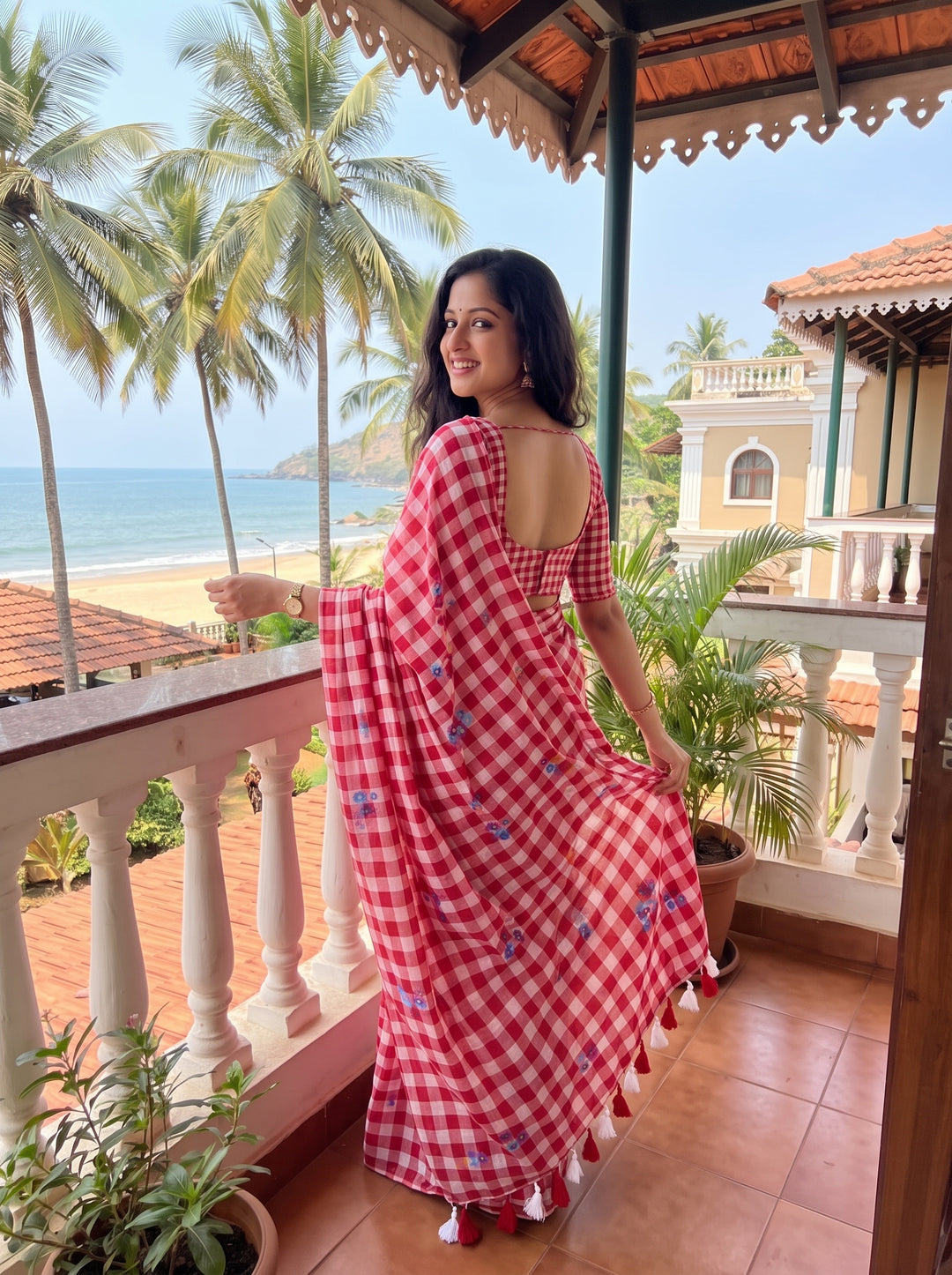 Red & White Checkered Mul Cotton Saree with Multicolour Floral Motifs, Tassels & Blouse Piece