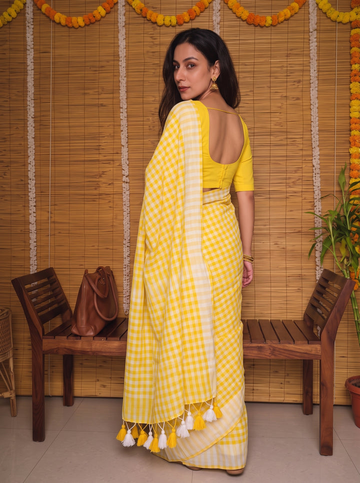 Sunshine Yellow & White Checkered Mul Cotton Saree with Tassels & Blouse Piece