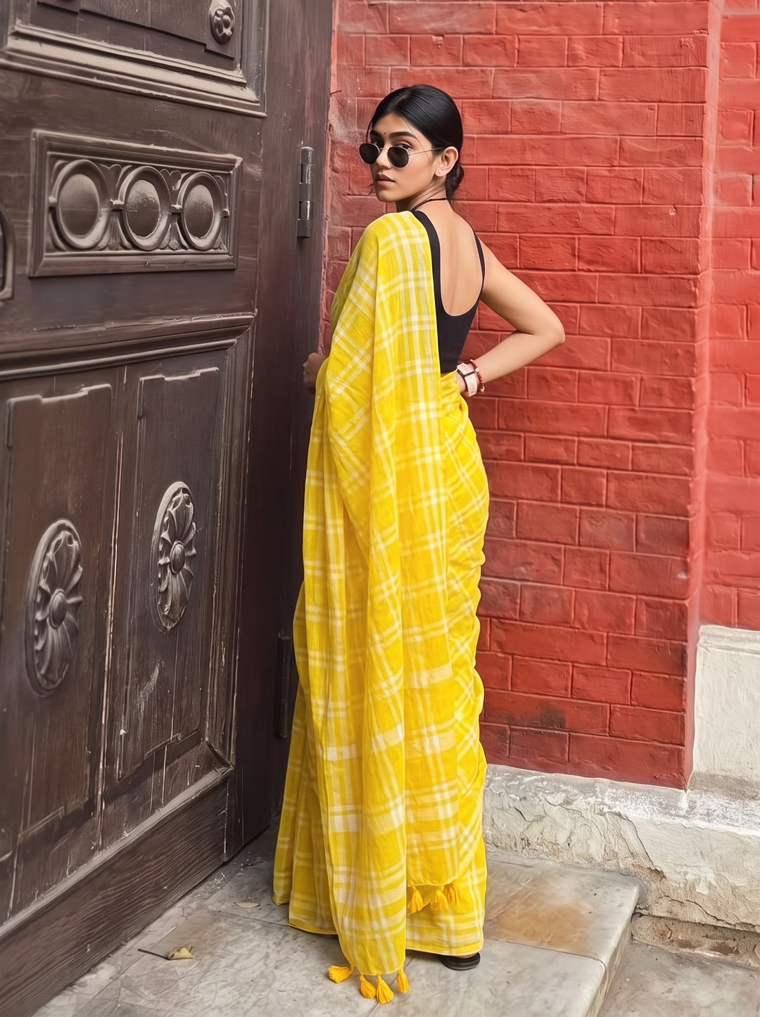 Sunshine Yellow & White Madras Checkered Mul Cotton Saree with Tassels & Attached Blouse Piece
