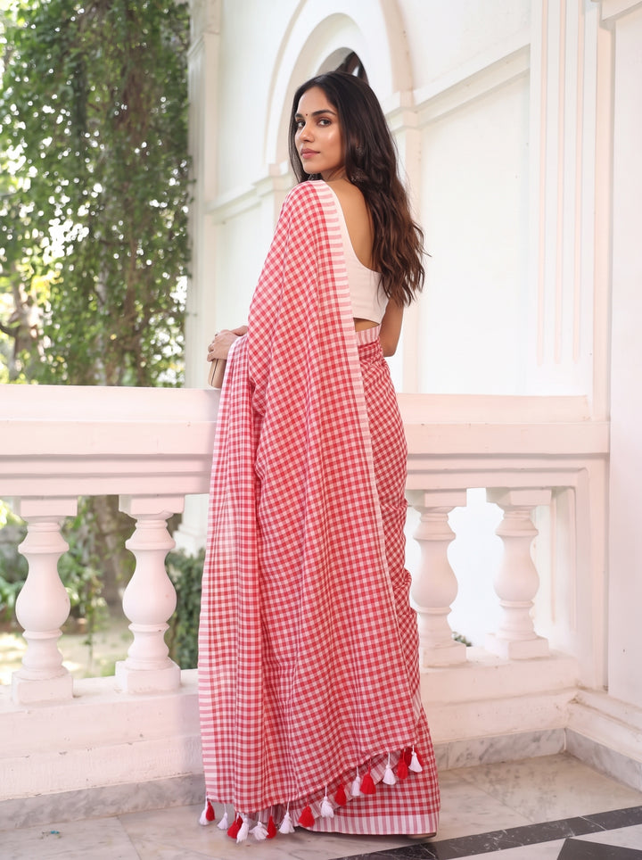 Red & White Checkered Mul Cotton Saree with Tassels & Blouse Piece