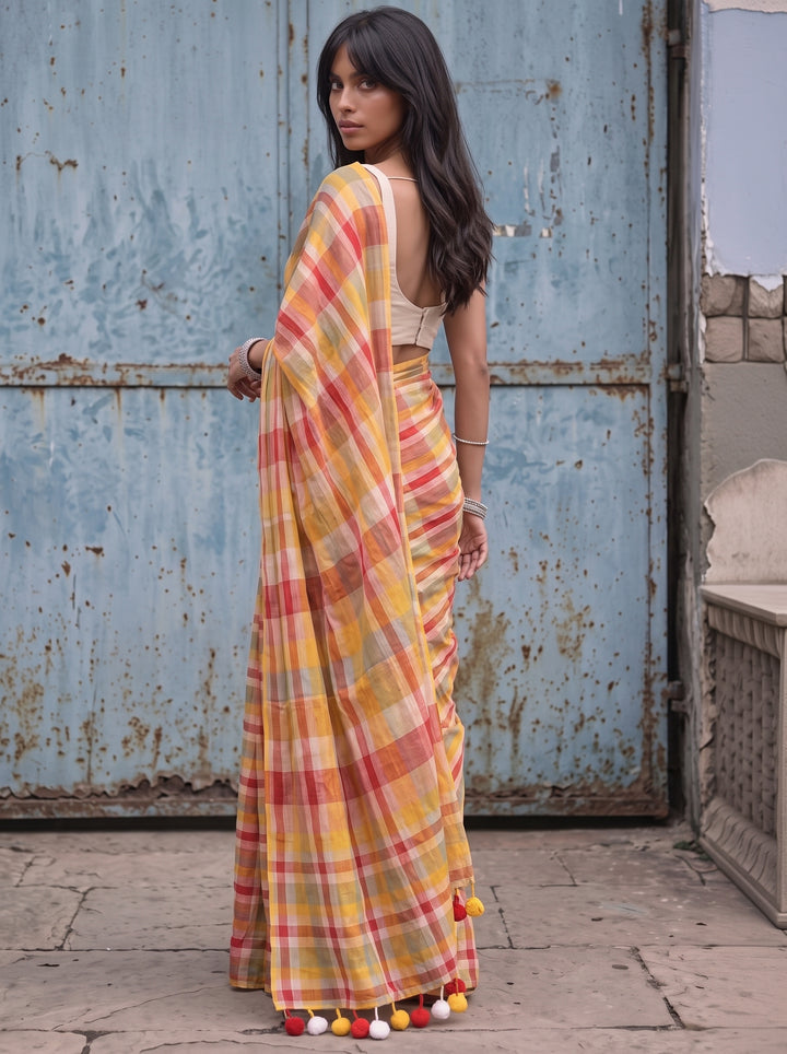 Multicolour Checkered Mul Cotton Saree with Colourful Tasselled Pallu, Comes With Attached Blouse Piece