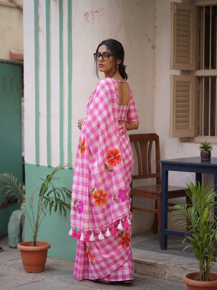 Blush Pink & White Checkered Mul Cotton Saree with Floral Motifs, Tassels & Blouse Piece