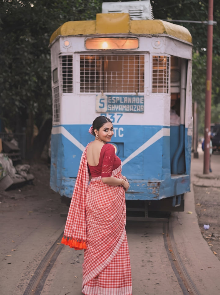 Orange & White Checkered Mul Cotton Saree with Striped Border & Blouse Piece