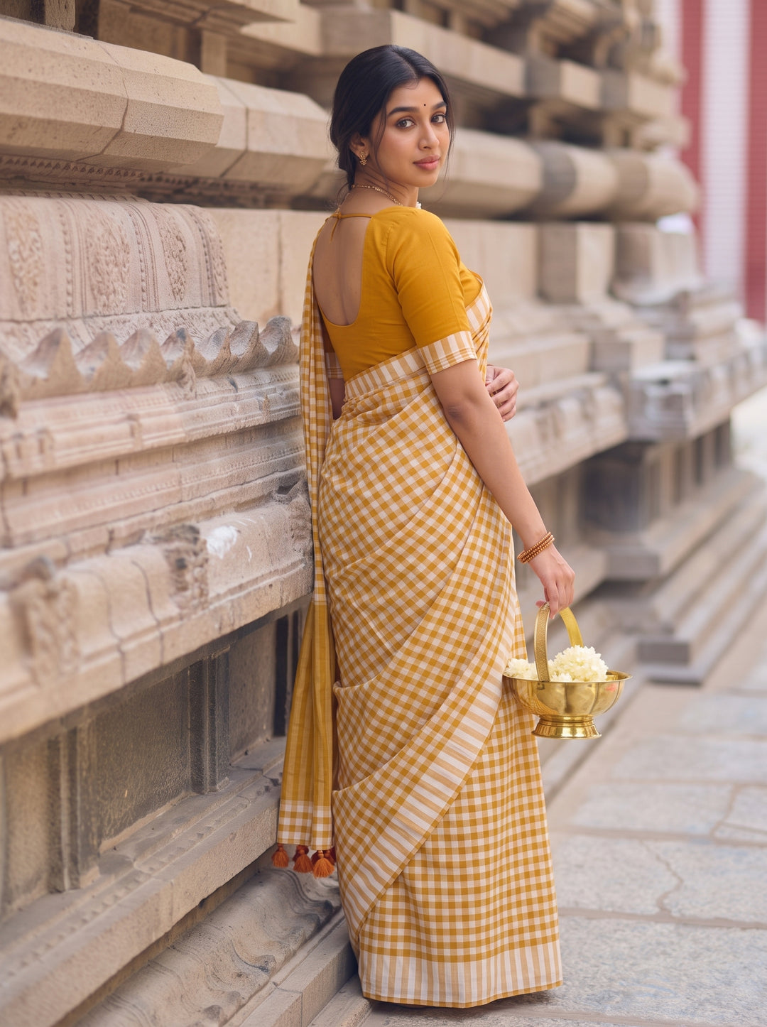 Mustard Yellow & White Checkered Mul Cotton Saree with Striped Border, Tassels & Blouse Piece