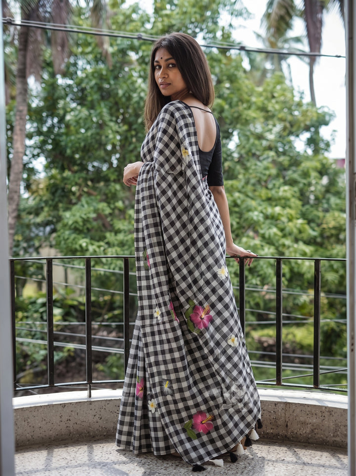 Black & White Checkered Mul Cotton Saree with Floral Motifs, Tassels & Blouse Piece