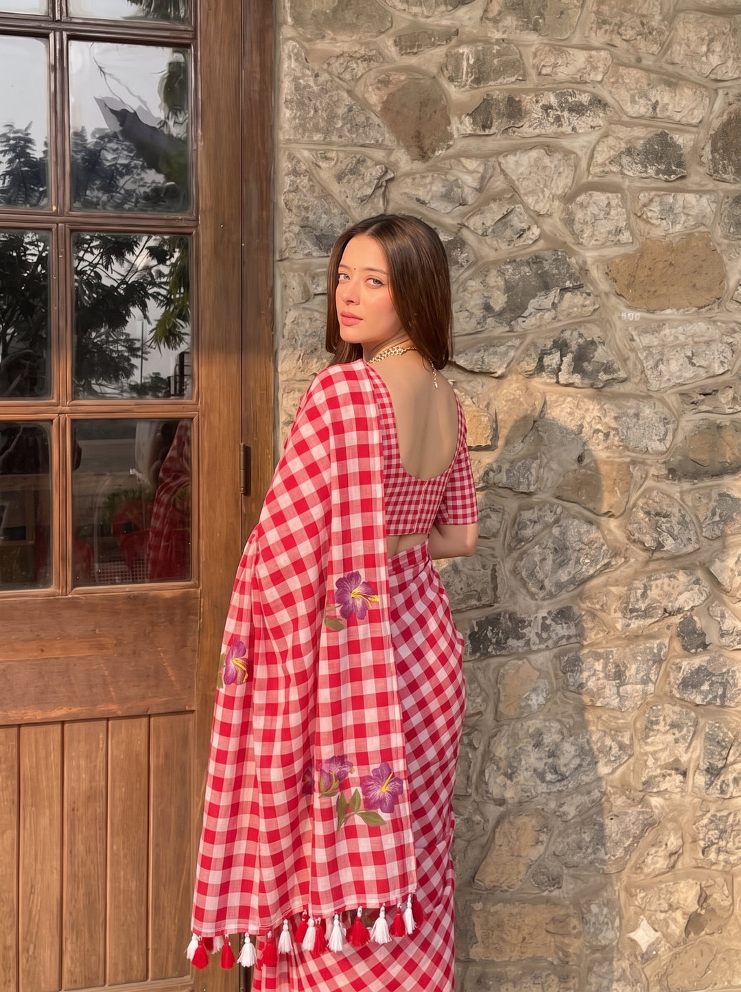 Red & White Checkered Mul Cotton Saree with Floral Motifs, Tassels & Blouse Piece