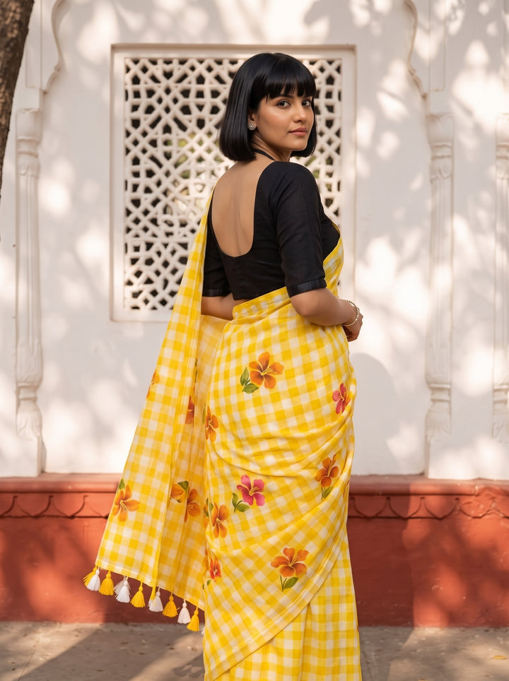 Yellow & White Checkered Mul Cotton Saree with Floral Motifs, Tassels & Blouse Piece