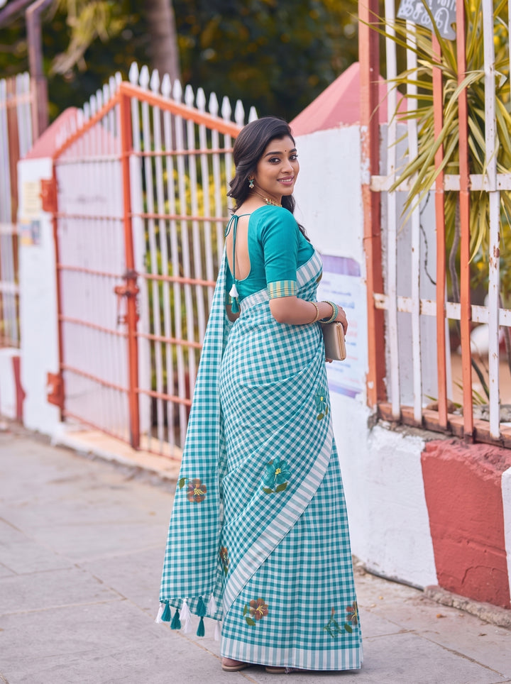 Aqua Blue & White Checkered Mul Cotton Saree with Floral Motifs, Tassels & Blouse Piece
