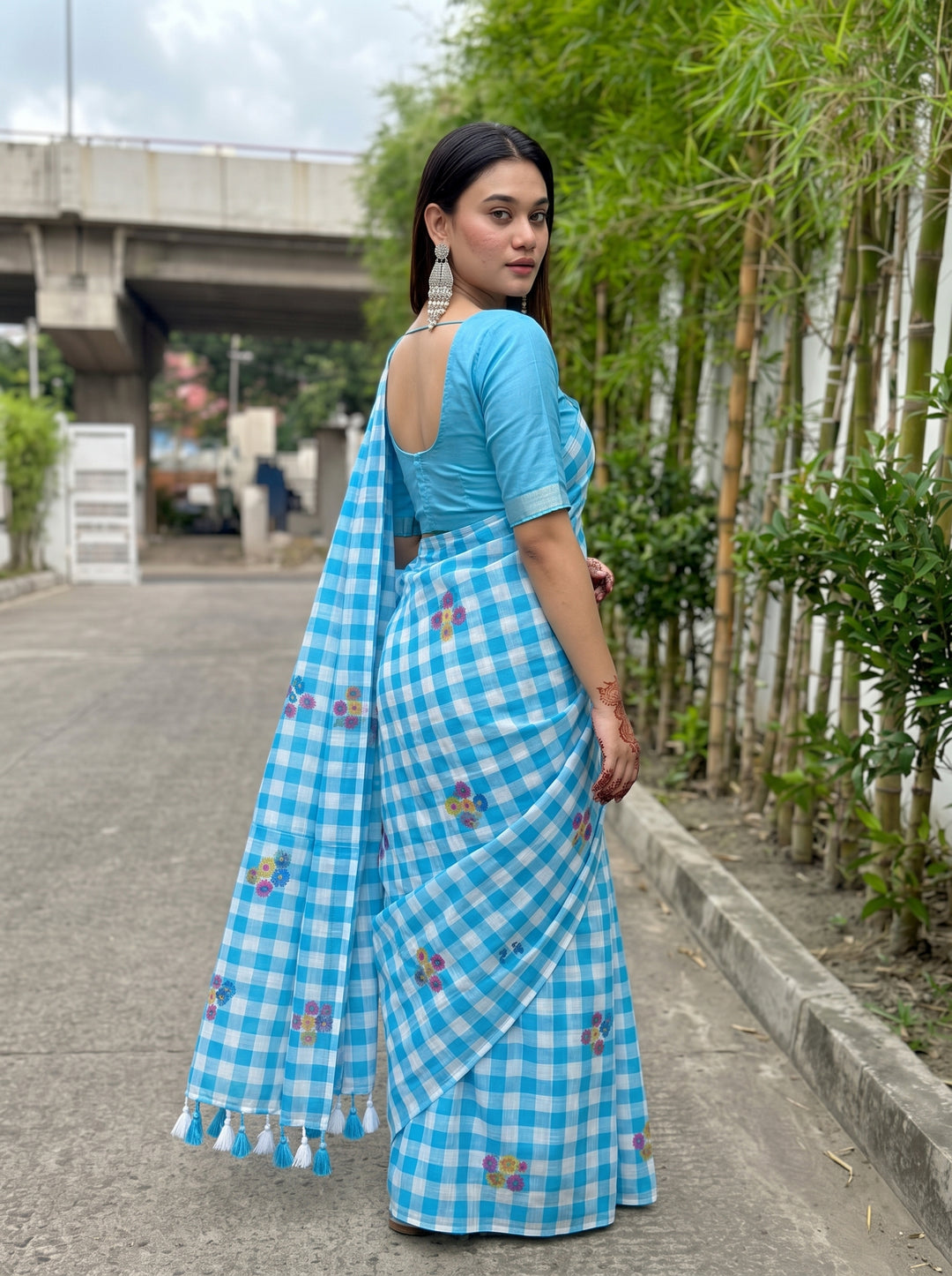 Sky Blue & White Checkered Mul Cotton Saree with Multicolour Floral Motifs, Tassels & Blouse Piece