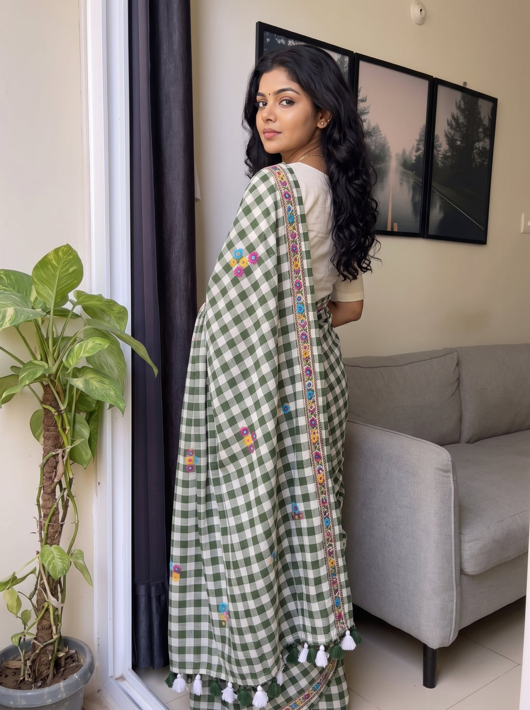 Olive Green & White Checkered Mul Cotton Saree with Multicolour Floral Motifs, Tassels & Blouse Piece