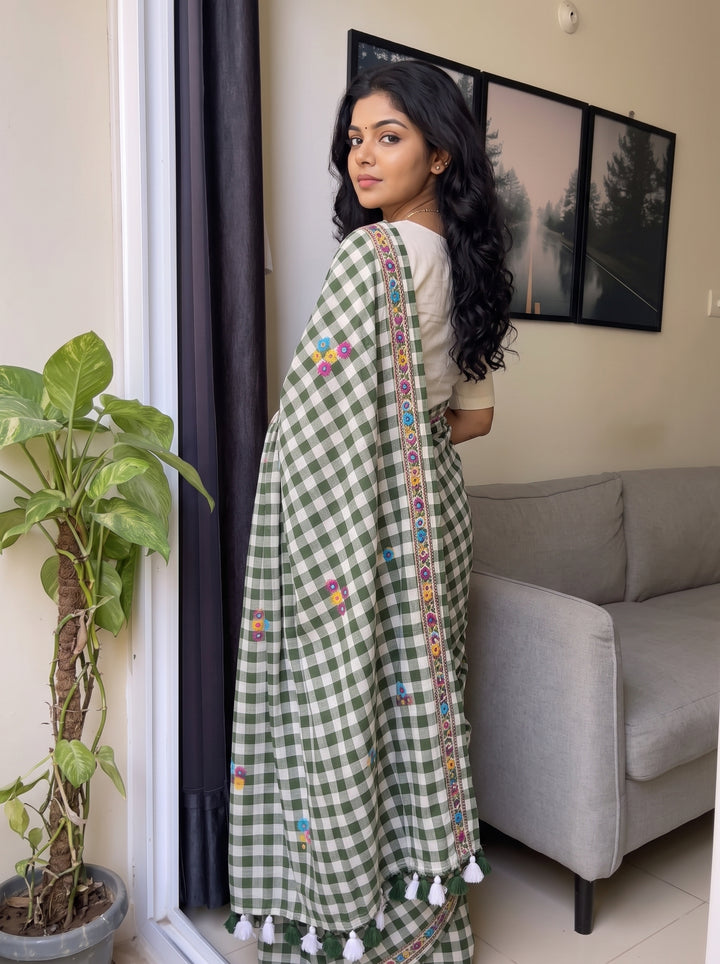 Olive Green & White Checkered Mul Cotton Saree with Multicolour Floral Motifs, Tassels & Blouse Piece