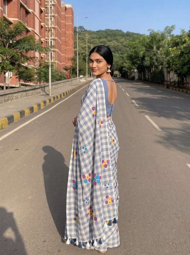 Grey & White Checkered Mul Cotton Saree with Multicolour Floral Motifs, Tassels & Blouse Piece