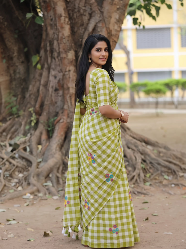 Lime Green & White Checkered Mul Cotton Saree with Multicolour Floral Motifs, Tassels & Blouse Piece