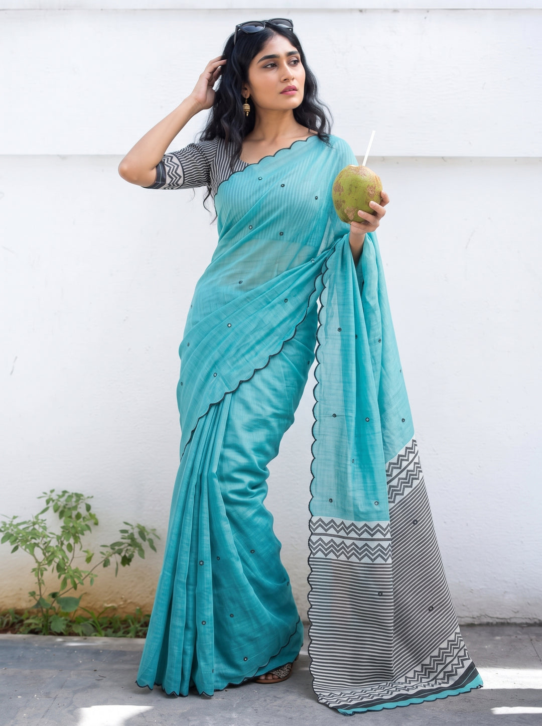 Aqua Blue Mul Cotton Saree with Aari Foil Mirror Work, Embroidered Arco Border & Contrast Printed Pallu with Blouse Piece