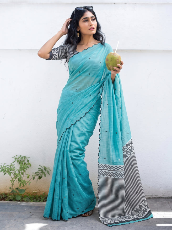 Aqua Blue Mul Cotton Saree with Aari Foil Mirror Work, Embroidered Arco Border & Contrast Printed Pallu with Blouse Piece