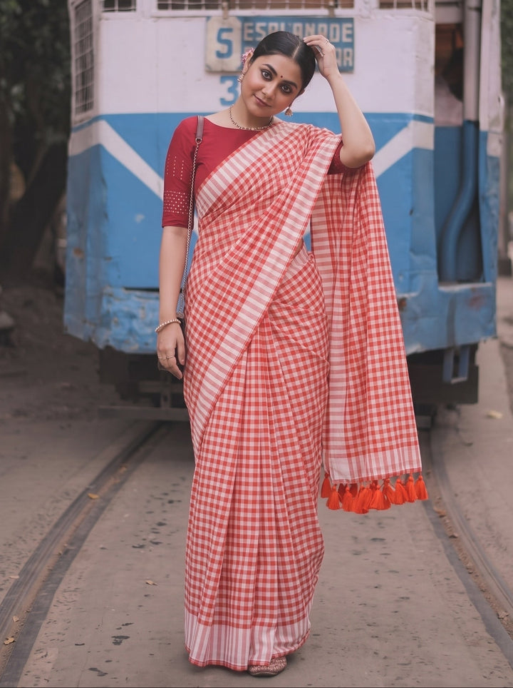 Orange & White Checkered Mul Cotton Saree with Striped Border & Blouse Piece