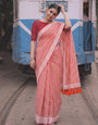 Orange & White Checkered Mul Cotton Saree with Striped Border & Blouse Piece