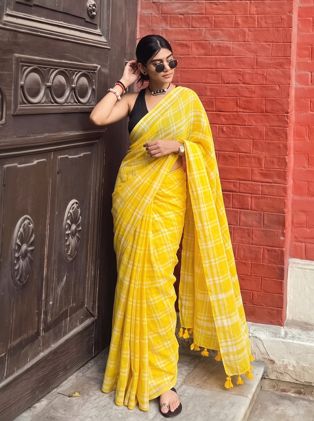 Sunshine Yellow & White Madras Checkered Mul Cotton Saree with Tassels & Attached Blouse Piece