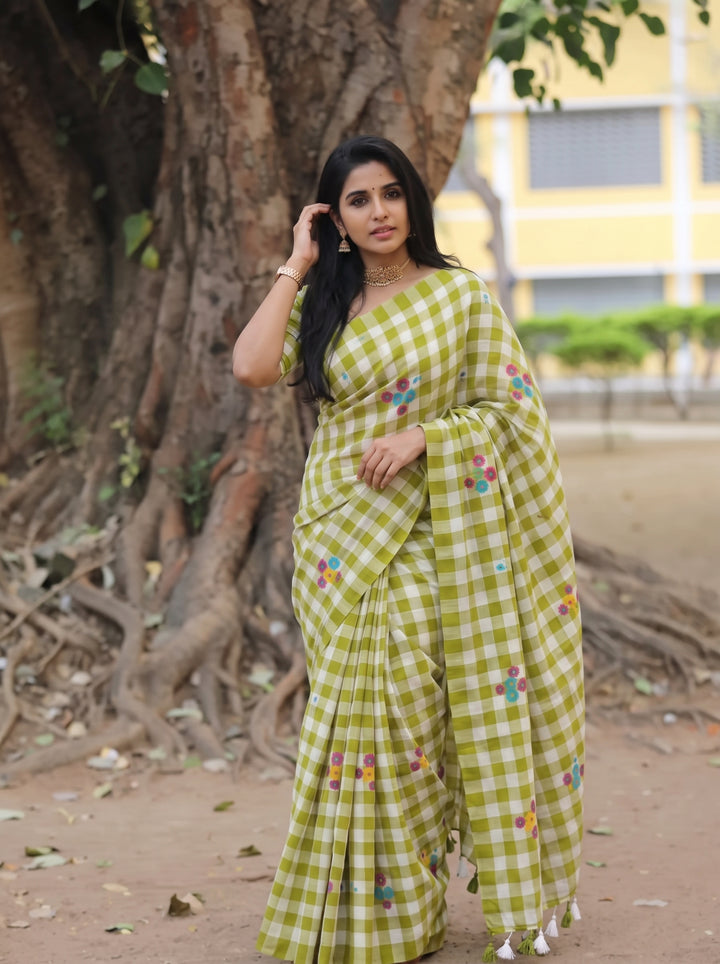 Lime Green & White Checkered Mul Cotton Saree with Multicolour Floral Motifs, Tassels & Blouse Piece