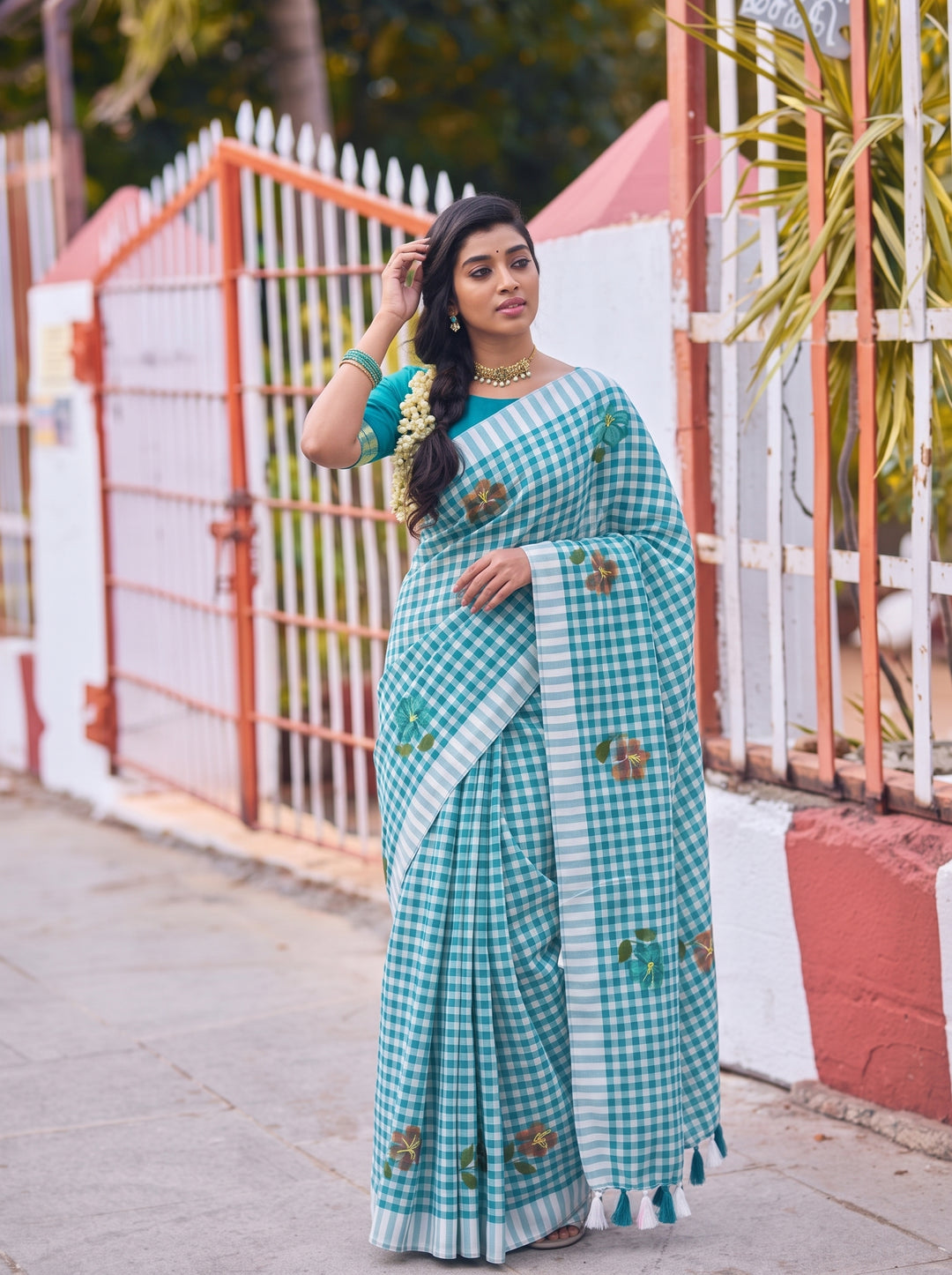 Aqua Blue & White Checkered Mul Cotton Saree with Floral Motifs, Tassels & Blouse Piece