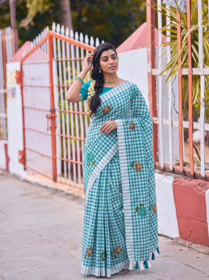 Aqua Blue & White Checkered Mul Cotton Saree with Floral Motifs, Tassels & Blouse Piece