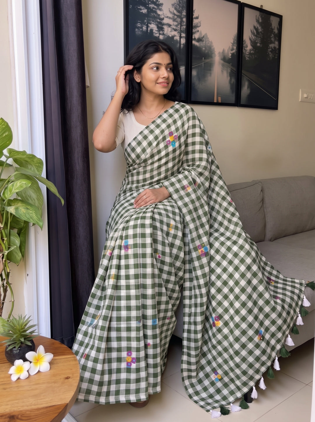 Olive Green & White Checkered Mul Cotton Saree with Multicolour Floral Motifs, Tassels & Blouse Piece
