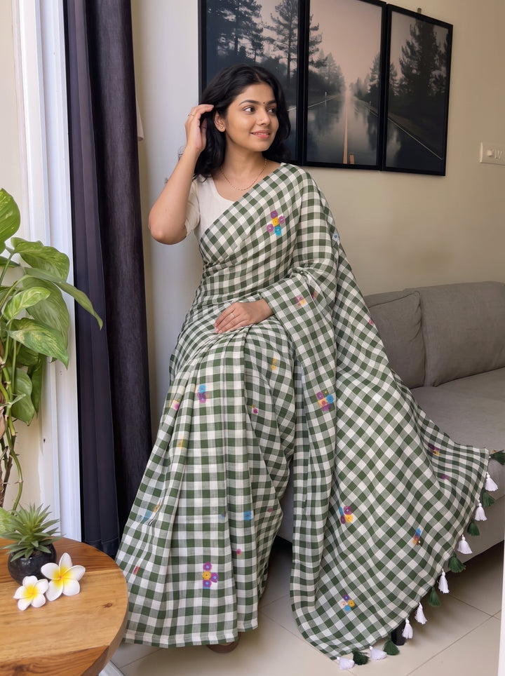 Olive Green & White Checkered Mul Cotton Saree with Multicolour Floral Motifs, Tassels & Blouse Piece