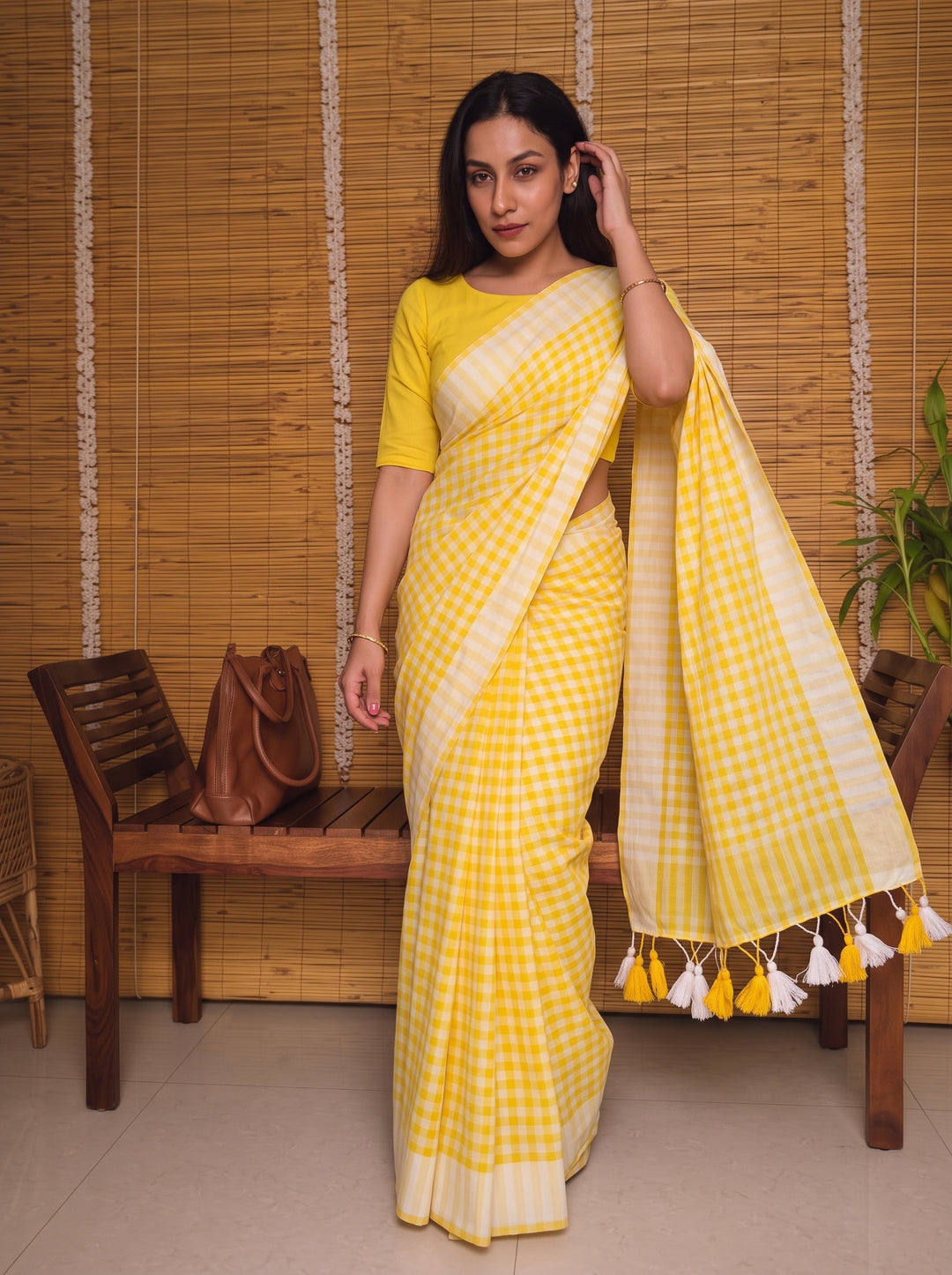 Sunshine Yellow & White Checkered Mul Cotton Saree with Tassels & Blouse Piece