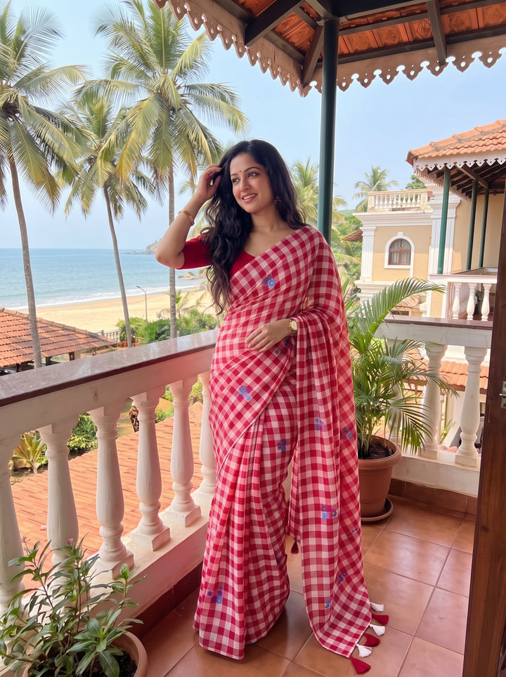 Red & White Checkered Mul Cotton Saree with Multicolour Floral Motifs, Tassels & Blouse Piece